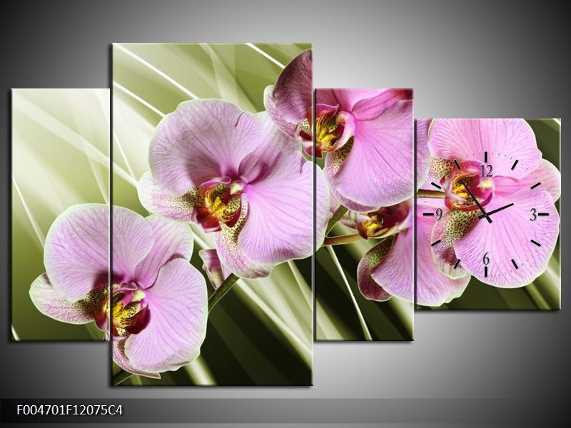 Klok schilderij Orchidee | Groen, Paars | 120x75cm 4Luik