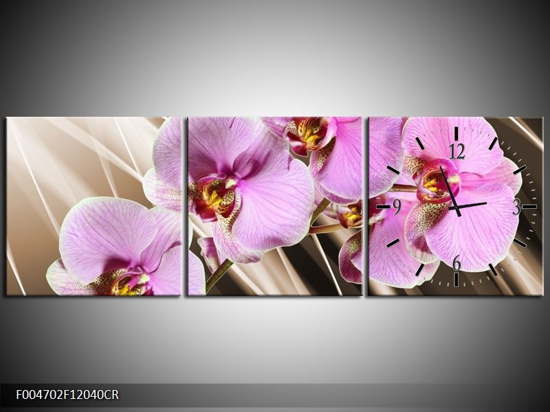 Klok schilderij Orchidee | Groen, Bruin, Roze | 120x40cm 3Luik