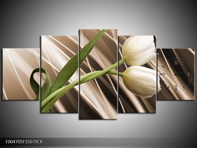 Klok schilderij Tulp | Bruin, Wit, Groen | 150x70cm 5Luik