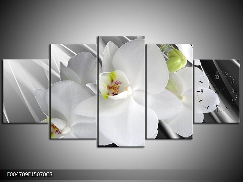 Klok schilderij Orchidee | Wit, Grijs, Groen | 150x70cm 5Luik