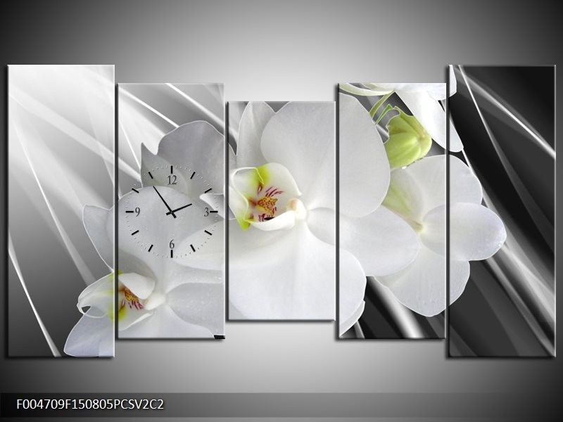Klok schilderij Orchidee | Wit, Grijs, Groen | 150x80cm 5Luik