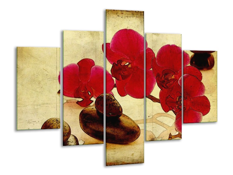 Canvas schilderij Orchidee | Rood, Bruin, Geel | 100x70cm 5Luik