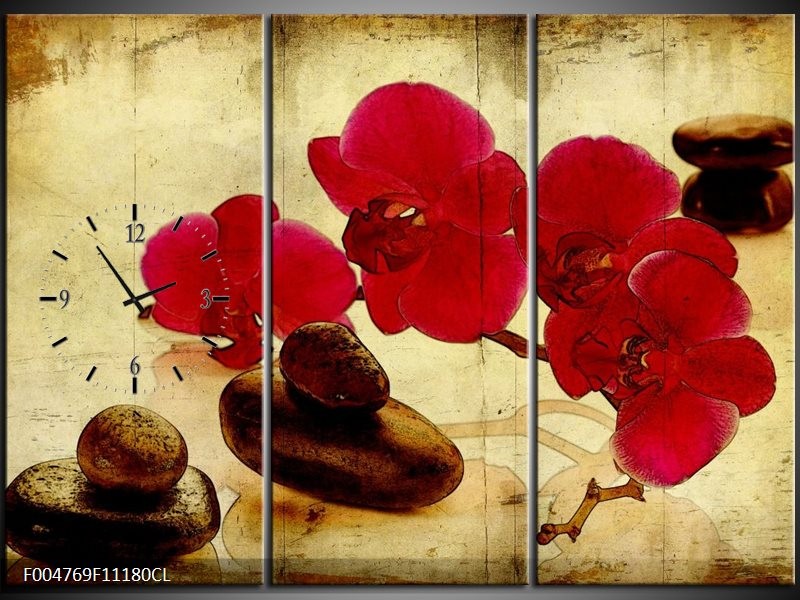 Klok schilderij Orchidee | Rood, Bruin, Geel | 111x80cm 3Luik