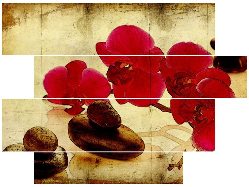 Canvas schilderij Orchidee | Rood, Bruin, Geel | 115x85cm 4Luik