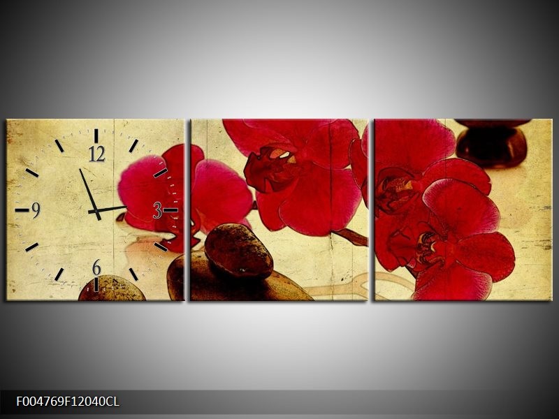 Klok schilderij Orchidee | Rood, Bruin, Geel | 120x40cm 3Luik
