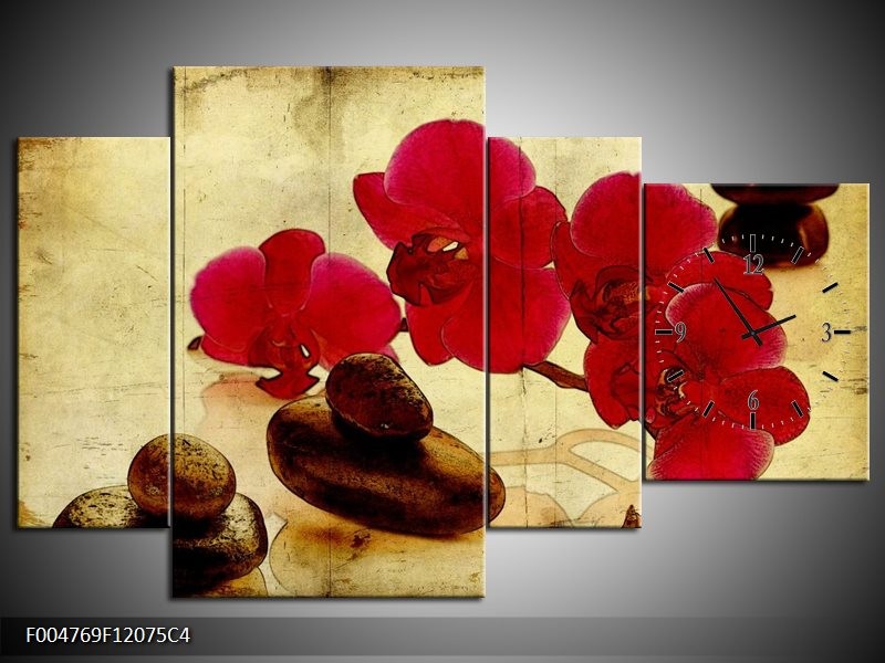 Klok schilderij Orchidee | Rood, Bruin, Geel | 120x75cm 4Luik