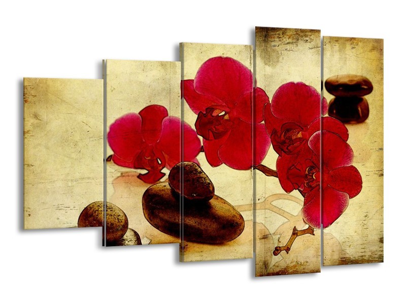 Canvas schilderij Orchidee | Rood, Bruin, Geel | 150x100cm 5Luik