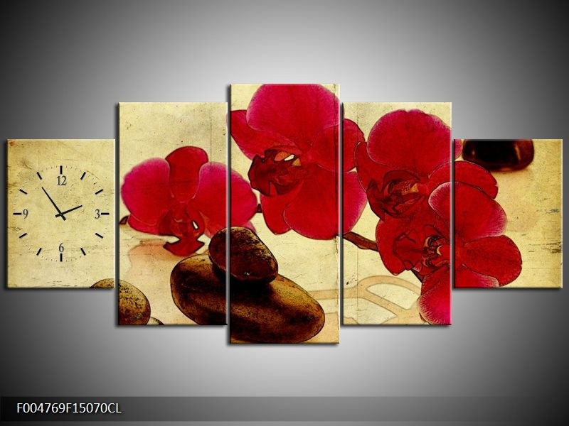 Klok schilderij Orchidee | Rood, Bruin, Geel | 150x70cm 5Luik