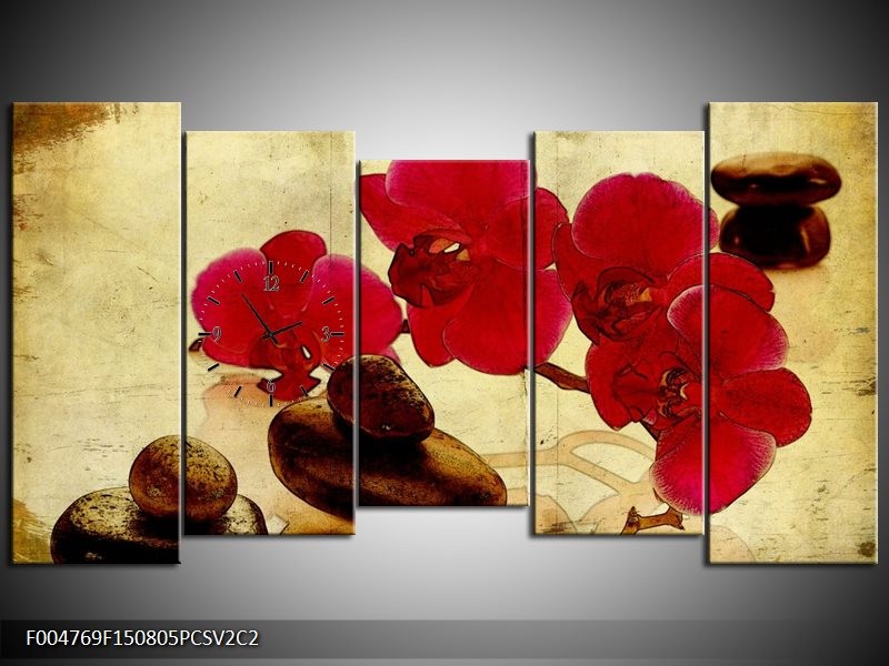 Klok schilderij Orchidee | Rood, Bruin, Geel | 150x80cm 5Luik