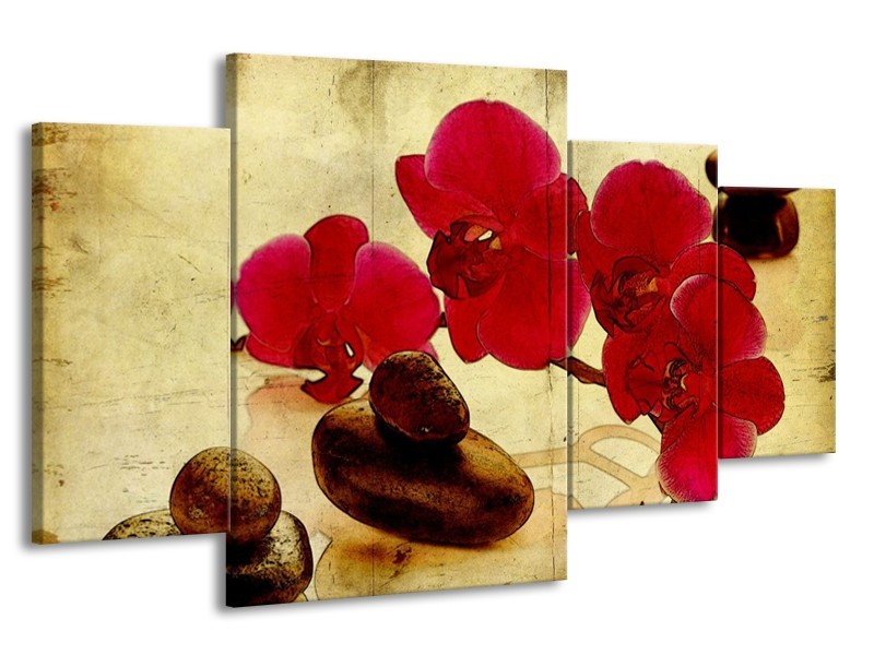 Canvas schilderij Orchidee | Rood, Bruin, Geel | 160x90cm 4Luik