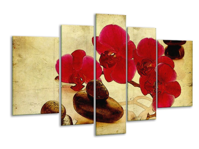 Canvas schilderij Orchidee | Rood, Bruin, Geel | 170x100cm 5Luik