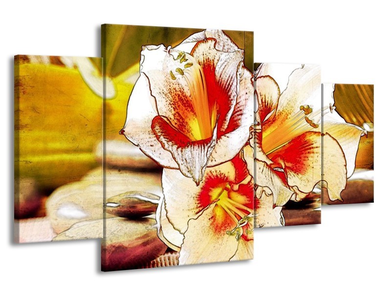 Canvas schilderij Bloem | Wit, Rood, Geel | 160x90cm 4Luik