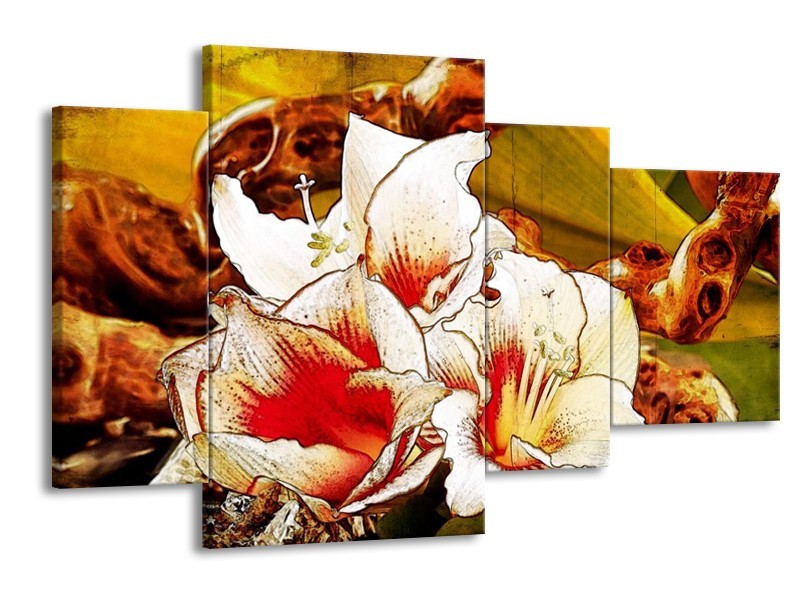 Canvas schilderij Bloem | Wit, Rood, Geel | 120x75cm 4Luik