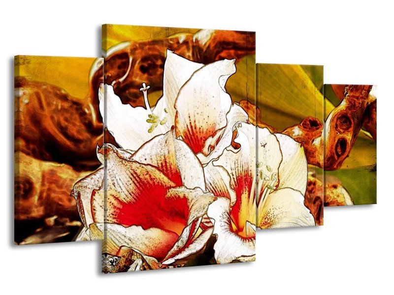 Canvas schilderij Bloem | Wit, Rood, Geel | 160x90cm 4Luik
