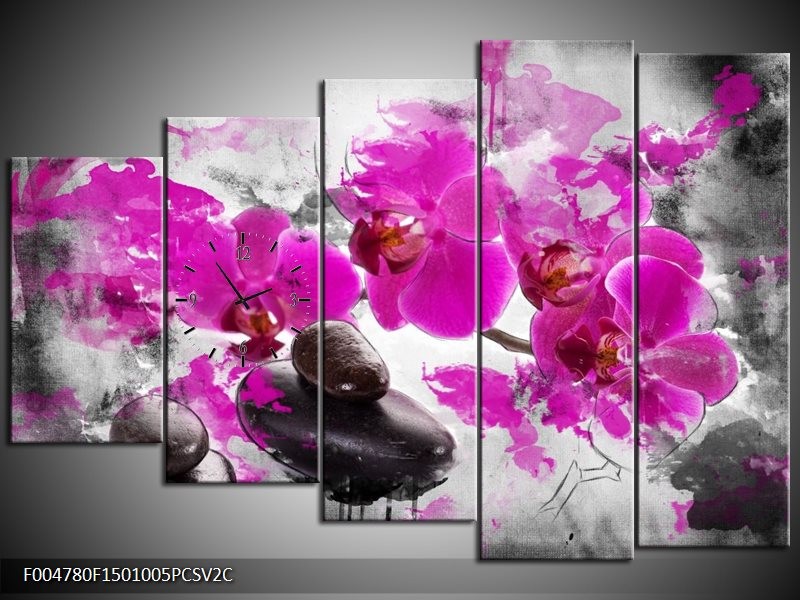 Klok schilderij Orchidee | Roze, Grijs, Wit | 150x100cm 5Luik
