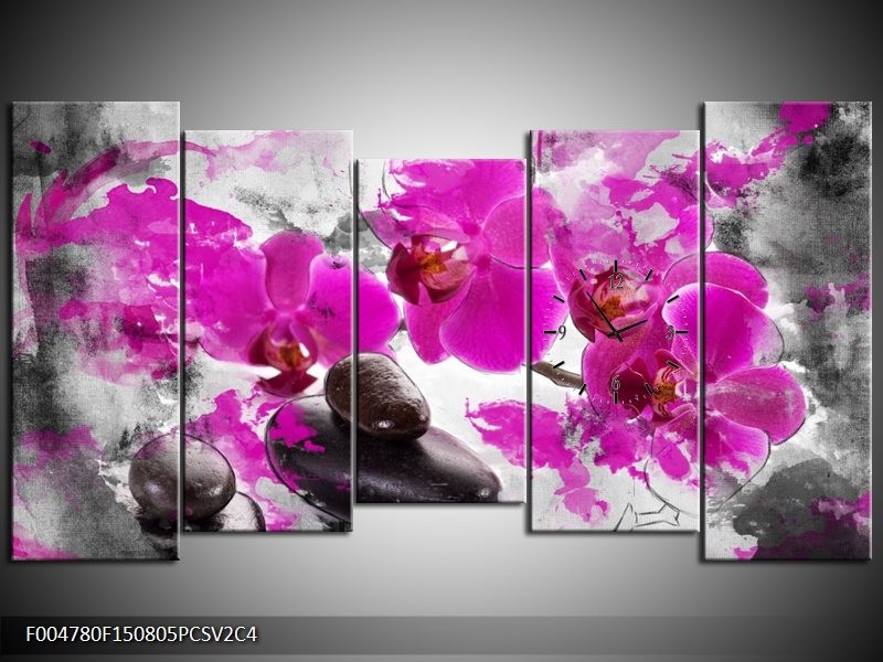 Klok schilderij Orchidee | Roze, Grijs, Wit | 150x80cm 5Luik
