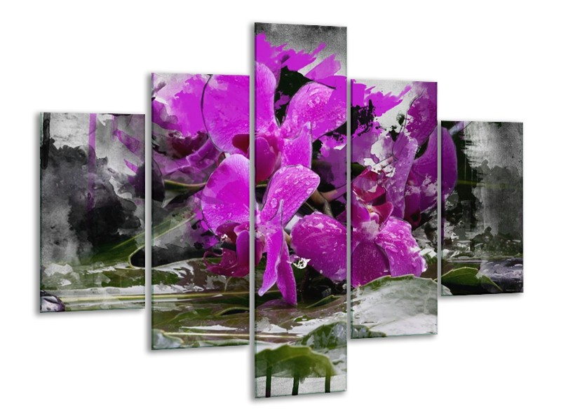 Canvas schilderij Orchidee | Paars, Grijs, Wit | 100x70cm 5Luik