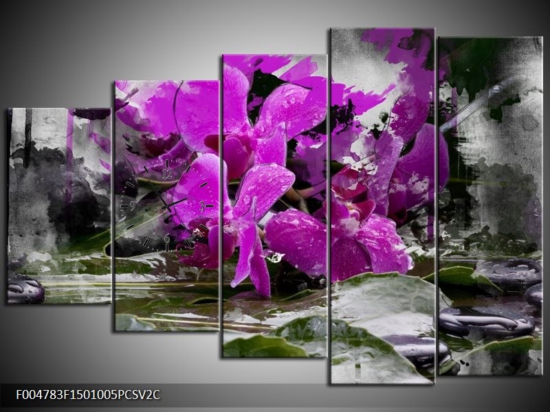 Klok schilderij Orchidee | Paars, Grijs, Wit | 150x100cm 5Luik