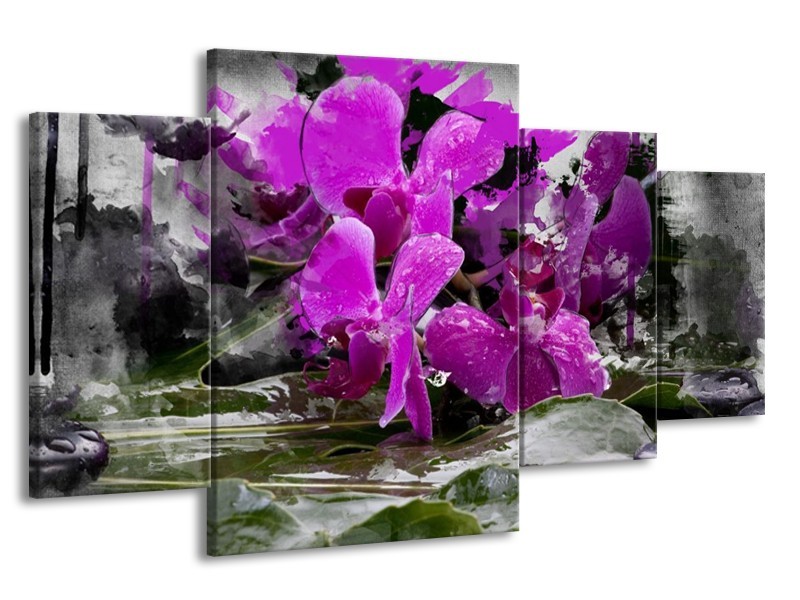 Canvas schilderij Orchidee | Paars, Grijs, Wit | 160x90cm 4Luik