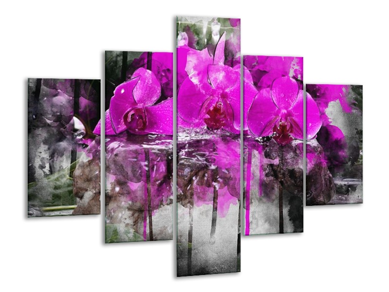 Canvas schilderij Orchidee | Paars, Grijs, Wit | 100x70cm 5Luik