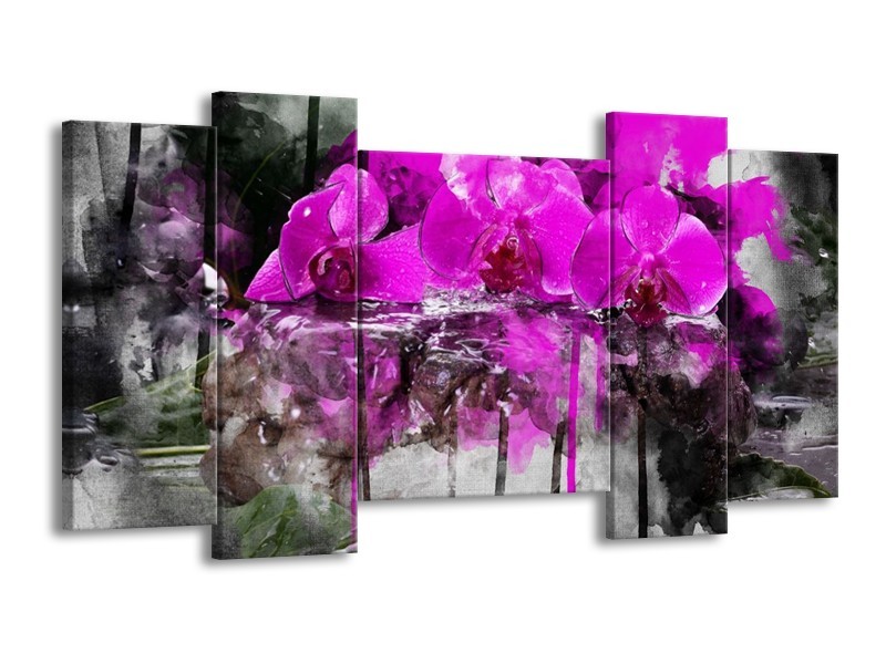 Canvas schilderij Orchidee | Paars, Grijs, Wit | 120x65 5Luik