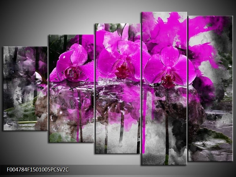 Klok schilderij Orchidee | Paars, Grijs, Wit | 150x100cm 5Luik