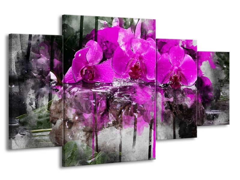Canvas schilderij Orchidee | Paars, Grijs, Wit | 160x90cm 4Luik