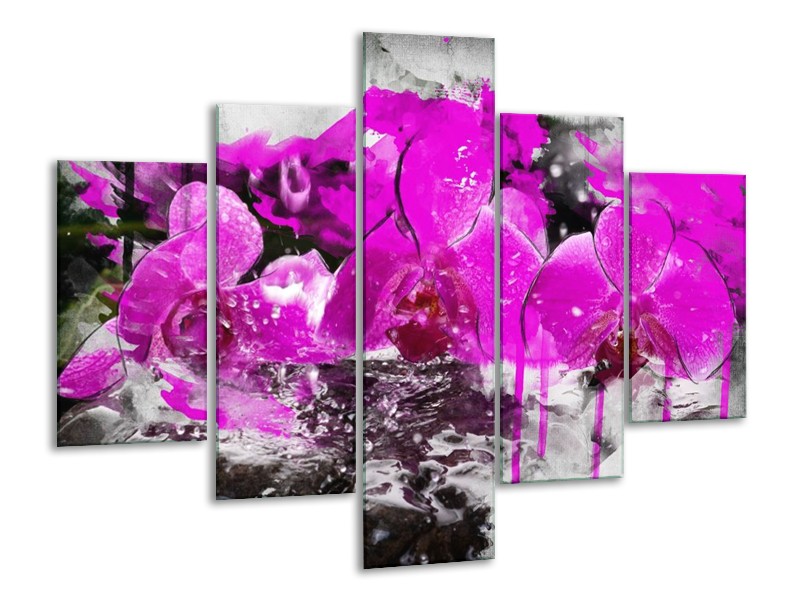 Canvas schilderij Orchidee | Paars, Grijs, Wit | 100x70cm 5Luik