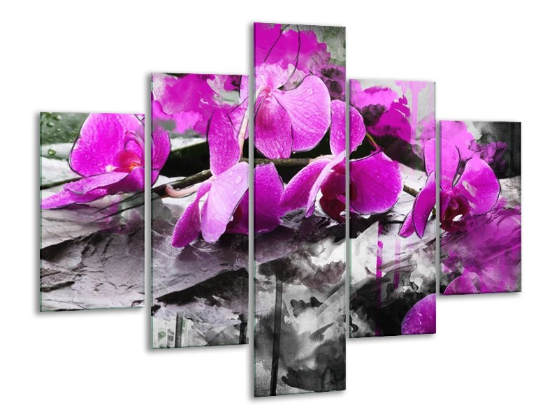 Canvas schilderij Orchidee | Paars, Grijs, Wit | 100x70cm 5Luik
