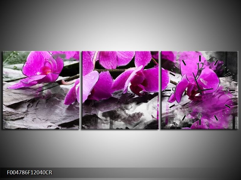 Klok schilderij Orchidee | Paars, Grijs, Wit | 120x40cm 3Luik
