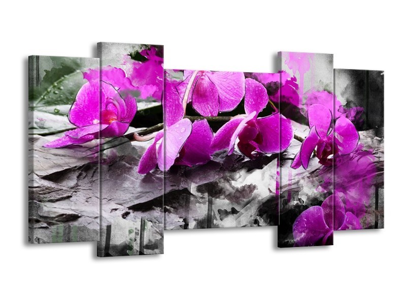 Canvas schilderij Orchidee | Paars, Grijs, Wit | 120x65 5Luik