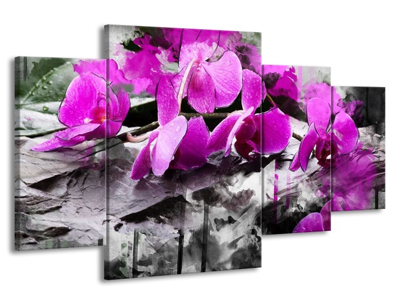 Canvas schilderij Orchidee | Paars, Grijs, Wit | 160x90cm 4Luik