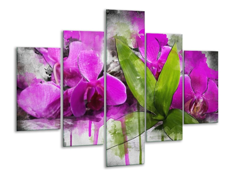 Canvas schilderij Orchidee | Paars, Groen, Grijs | 100x70cm 5Luik
