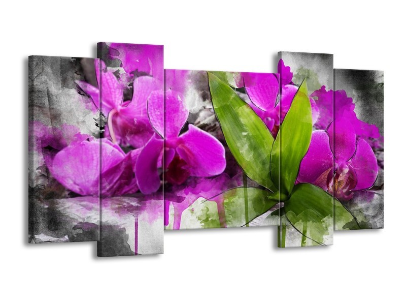Canvas schilderij Orchidee | Paars, Groen, Grijs | 120x65 5Luik