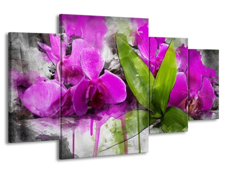 Canvas schilderij Orchidee | Paars, Groen, Grijs | 160x90cm 4Luik