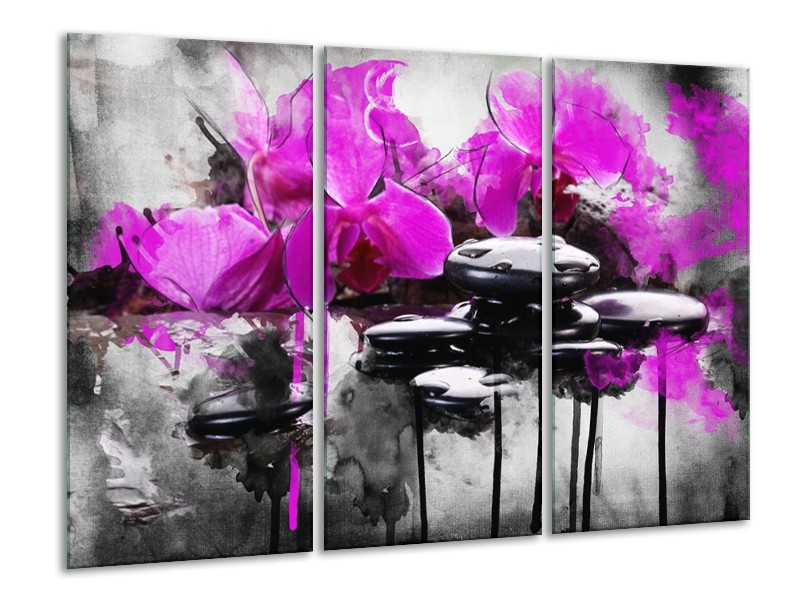 Canvas schilderij Orchidee | Paars, Grijs, Wit | 120x80cm 3Luik