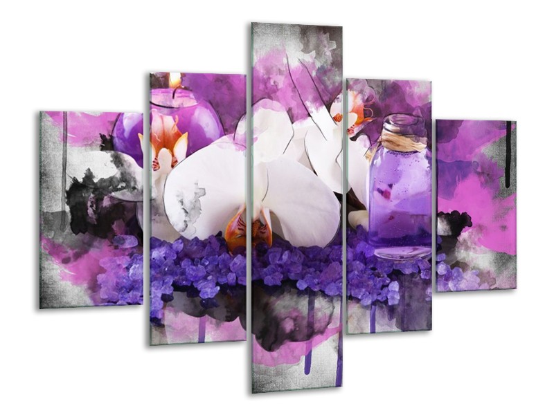 Canvas schilderij Orchidee | Paars, Blauw, Wit | 100x70cm 5Luik