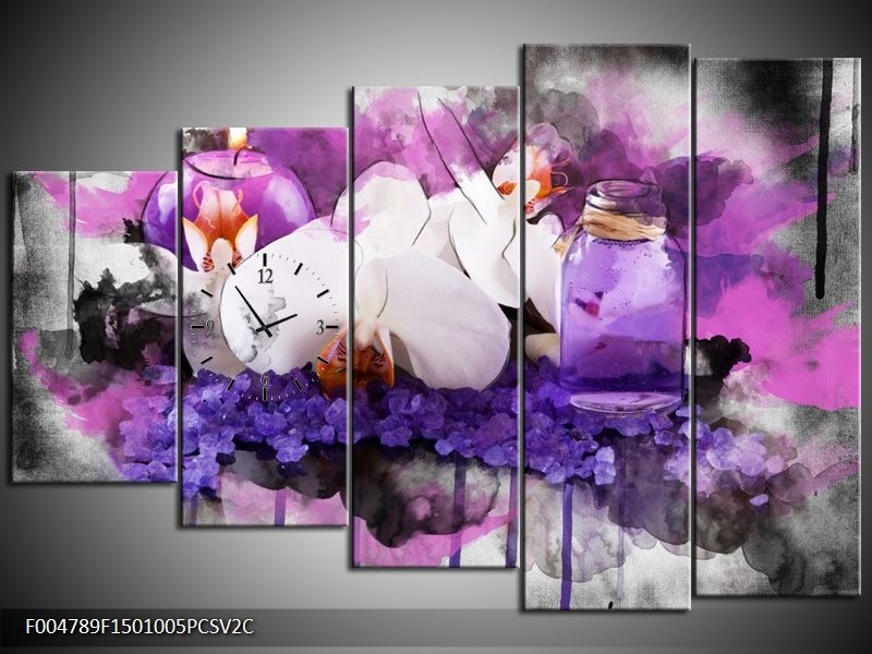 Klok schilderij Orchidee | Paars, Blauw, Wit | 150x100cm 5Luik