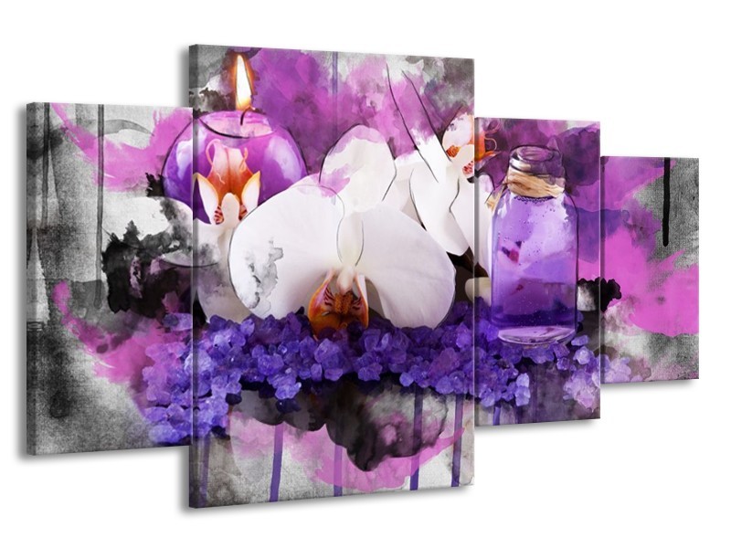 Canvas schilderij Orchidee | Paars, Blauw, Wit | 160x90cm 4Luik