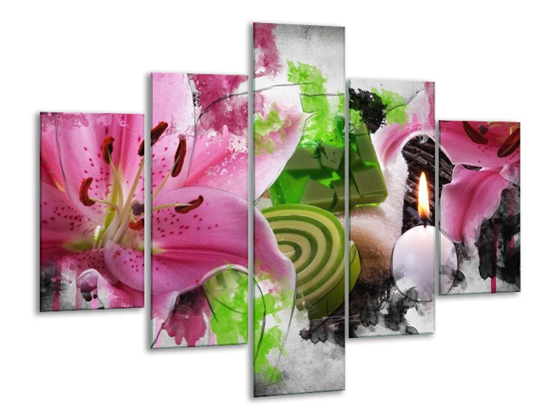 Canvas schilderij Bloem | Roze, Groen, Wit | 100x70cm 5Luik