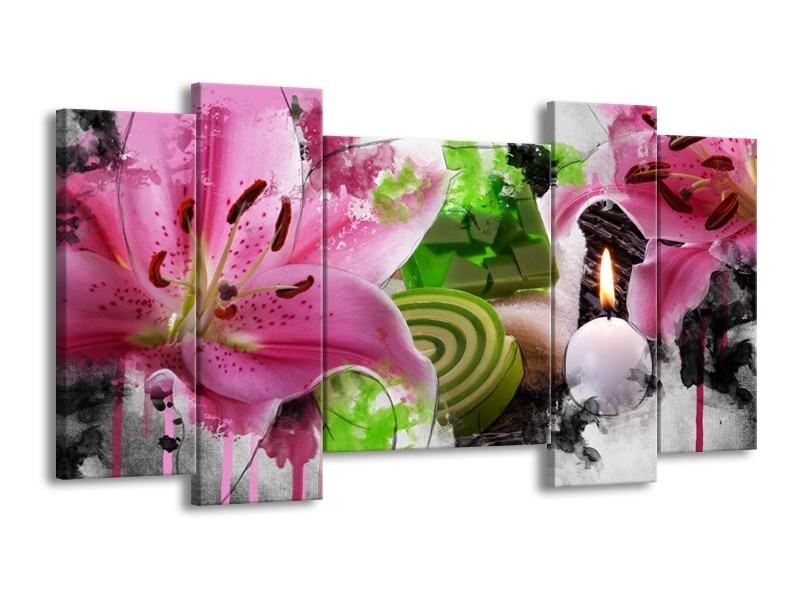 Canvas schilderij Bloem | Roze, Groen, Wit | 120x65 5Luik