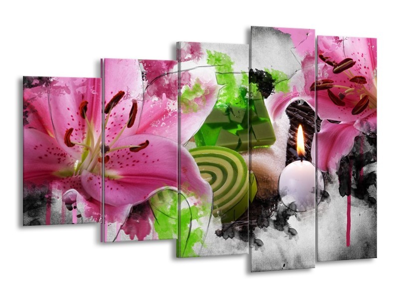 Canvas schilderij Bloem | Roze, Groen, Wit | 150x100cm 5Luik