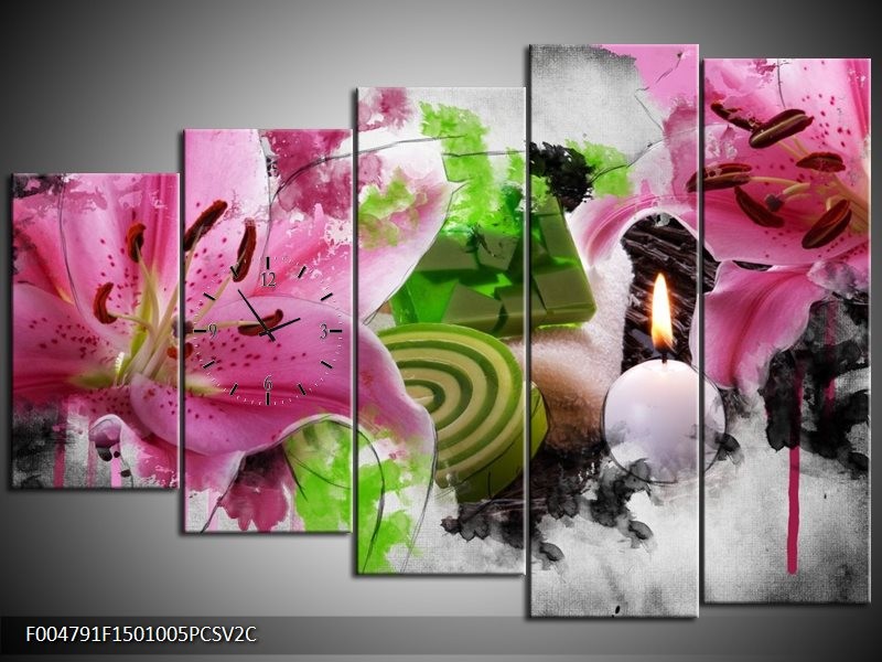 Klok schilderij Bloem | Roze, Groen, Wit | 150x100cm 5Luik