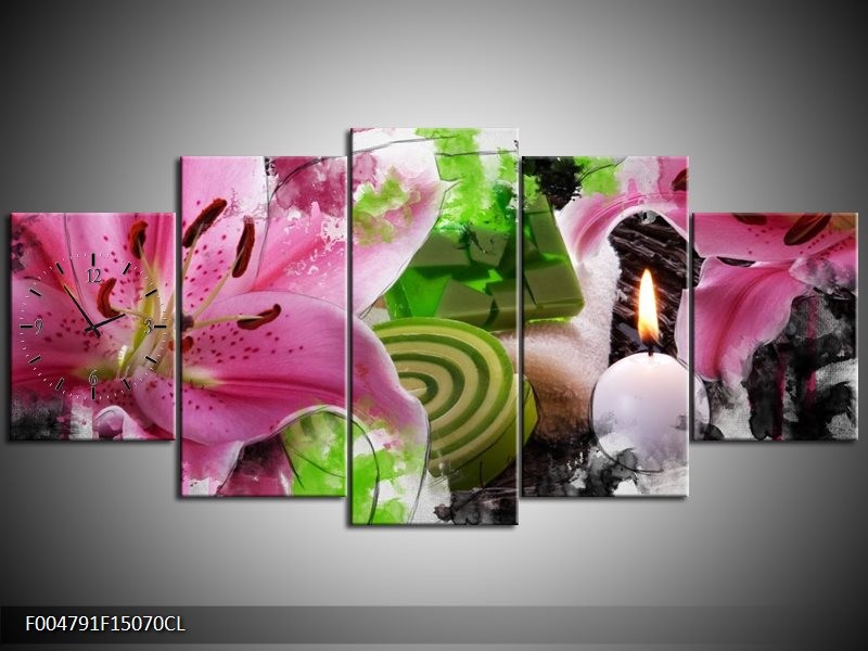 Klok schilderij Bloem | Roze, Groen, Wit | 150x70cm 5Luik