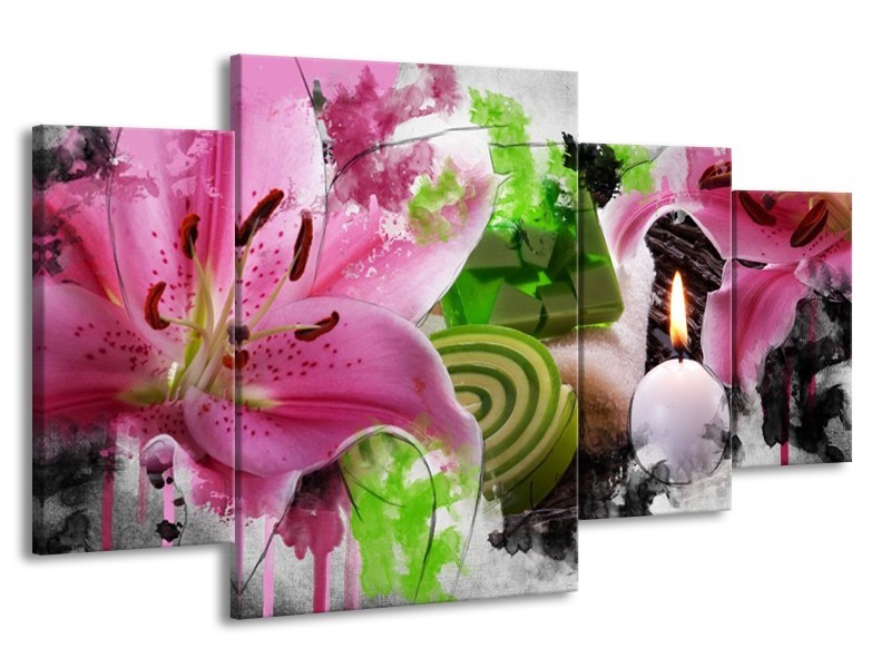 Canvas schilderij Bloem | Roze, Groen, Wit | 160x90cm 4Luik