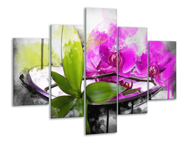 Canvas schilderij Orchidee | Paars, Groen, Wit | 100x70cm 5Luik