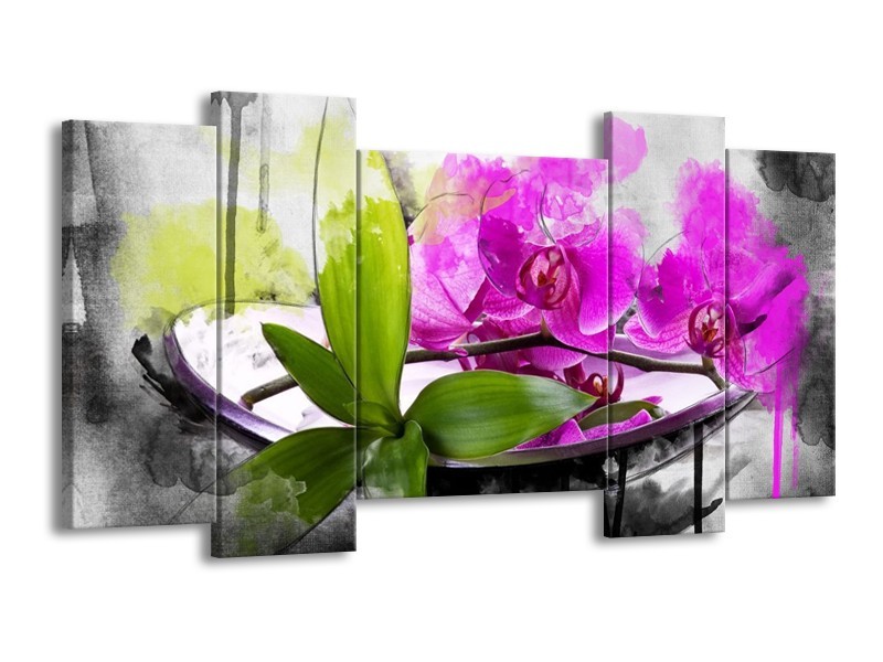 Canvas schilderij Orchidee | Paars, Groen, Wit | 120x65 5Luik
