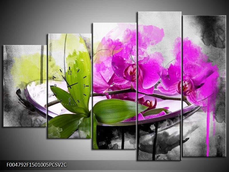 Klok schilderij Orchidee | Paars, Groen, Wit | 150x100cm 5Luik