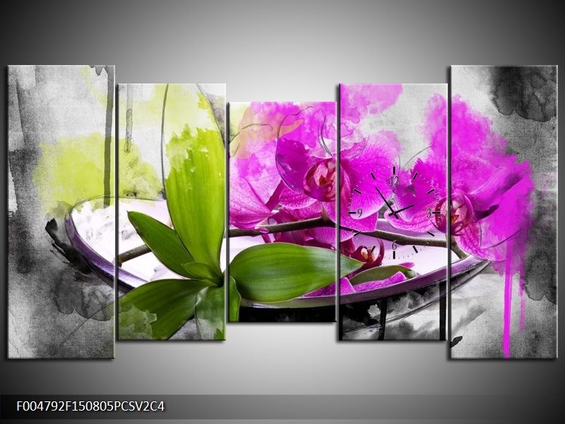 Klok schilderij Orchidee | Paars, Groen, Wit | 150x80cm 5Luik