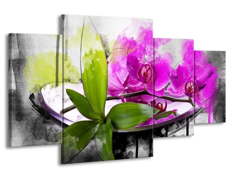 Canvas schilderij Orchidee | Paars, Groen, Wit | 160x90cm 4Luik